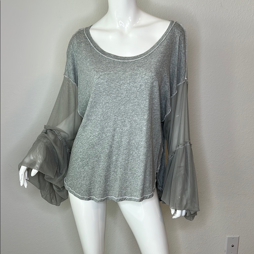 Free People Gray Sheer Sleeve Blouse